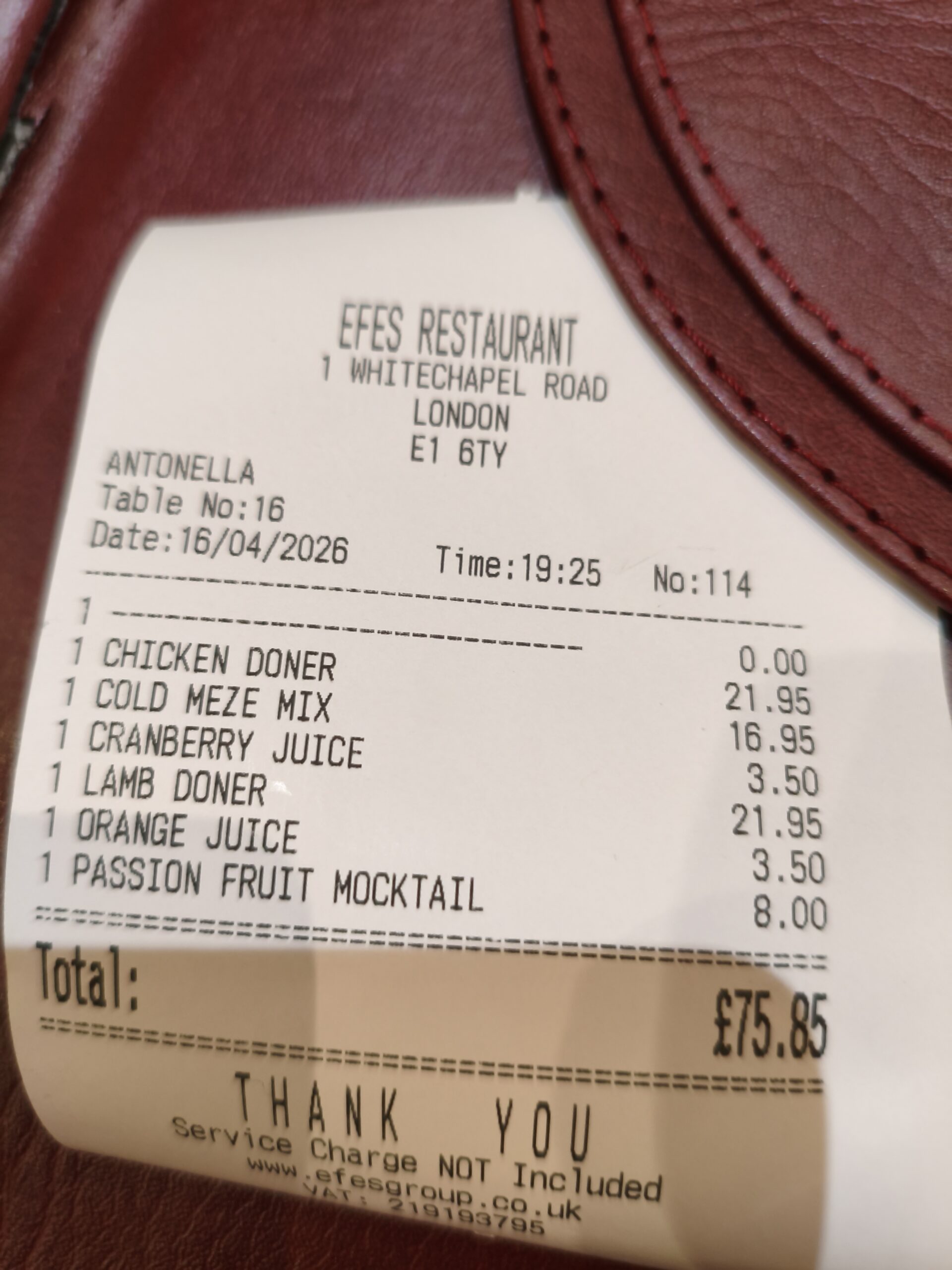 Note de notre premier repas chez Efes